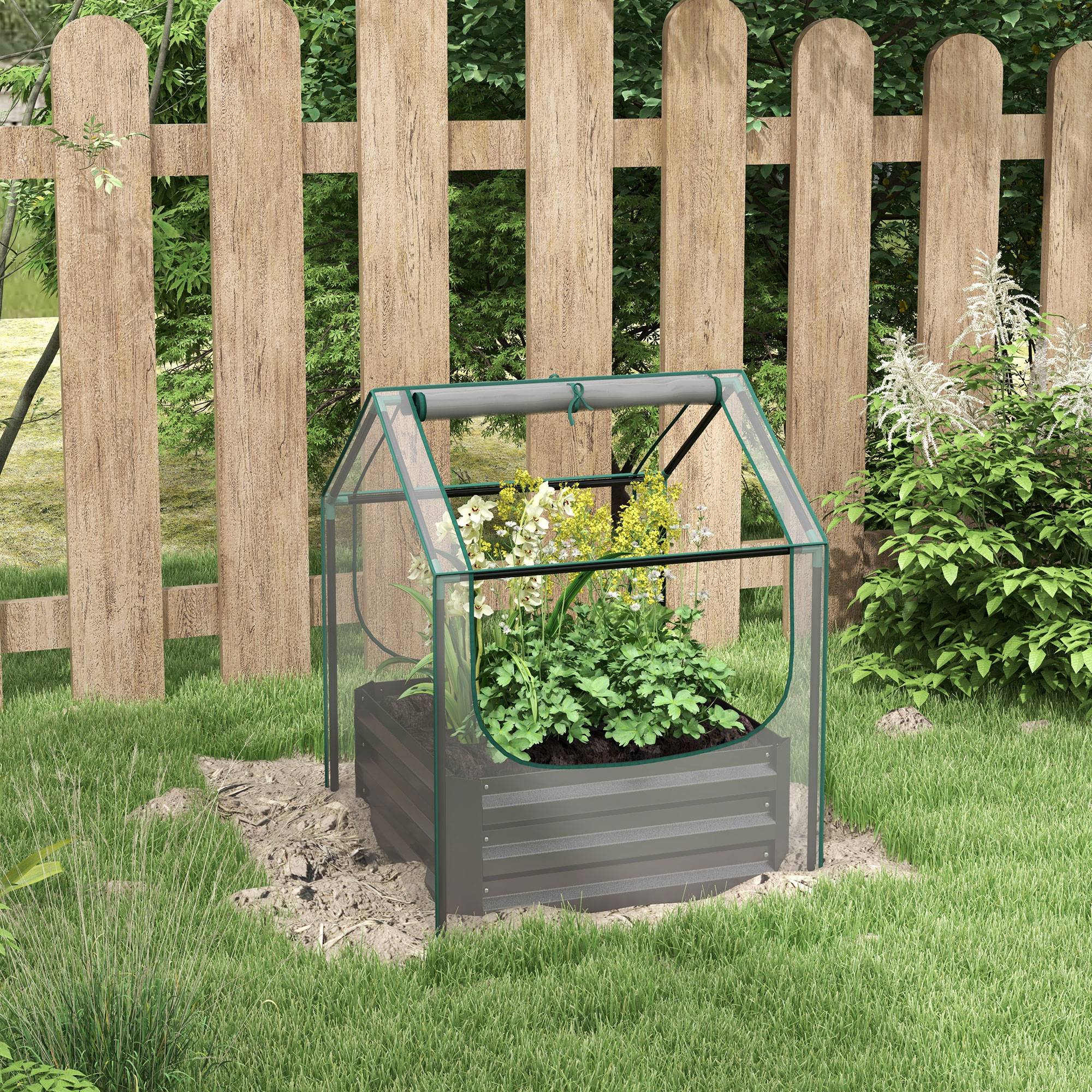 Sans Marque - Carré potager de jardin avec mini serre, jardinière surélevée en acier galvanisé, 70 x 70 x 90 cm, gris foncé - Image 3