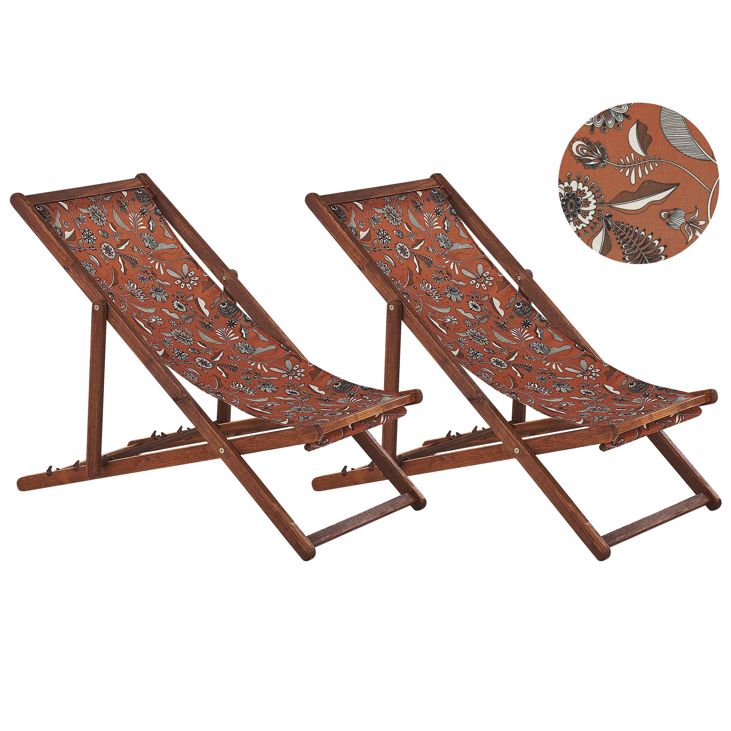 Beliani - 2 Transats Chiliennes Pliantes et Réglables en Bois d'Acacia Foncé et Textile Motif Fleurs Rouges avec Toiles de Remplacement - Imagen 1