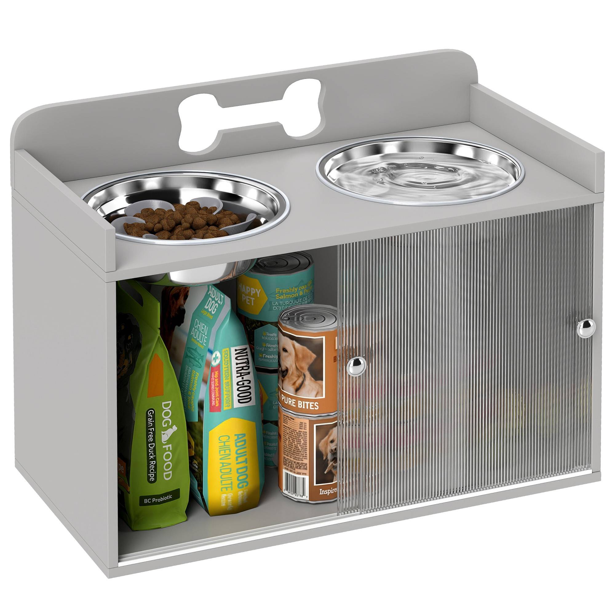 Meuble de nourrissage MDF et acier inoxydable gris 60 x 30 x 46 cm - PANGIVO - Image 1