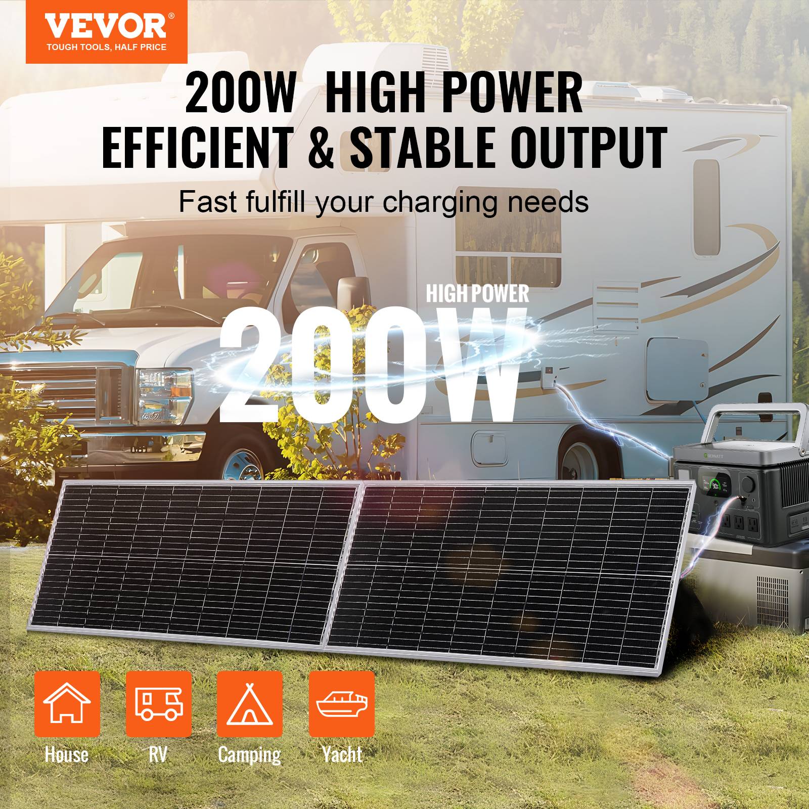 VEVOR Kit panneau solaire monocristallin 200W (2pcs) + contrôleur charge, IP68, pour maison, camping-car, bateau. - Image 2