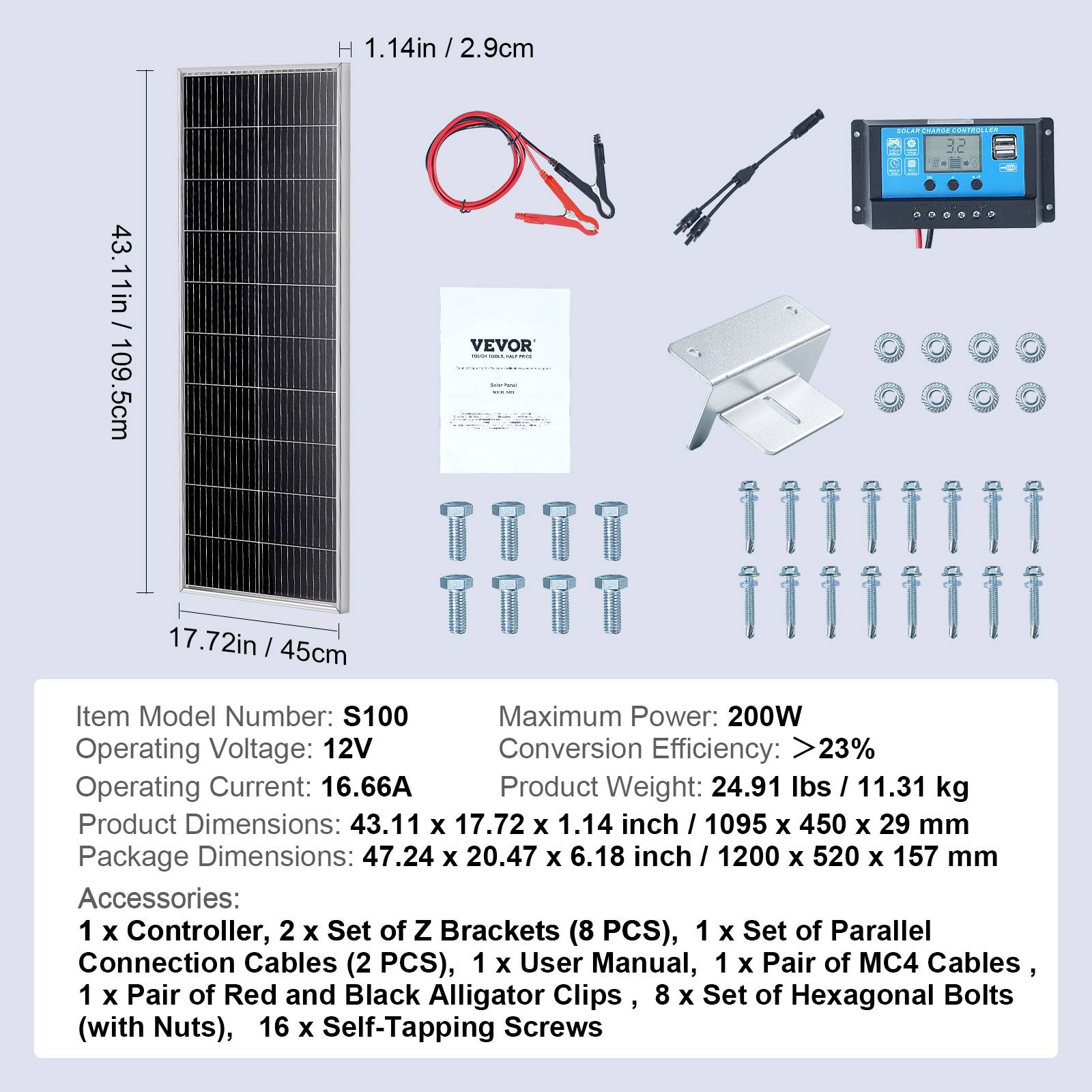 VEVOR Kit panneau solaire monocristallin 200W (2pcs) + contrôleur charge, IP68, pour maison, camping-car, bateau. - Image 7