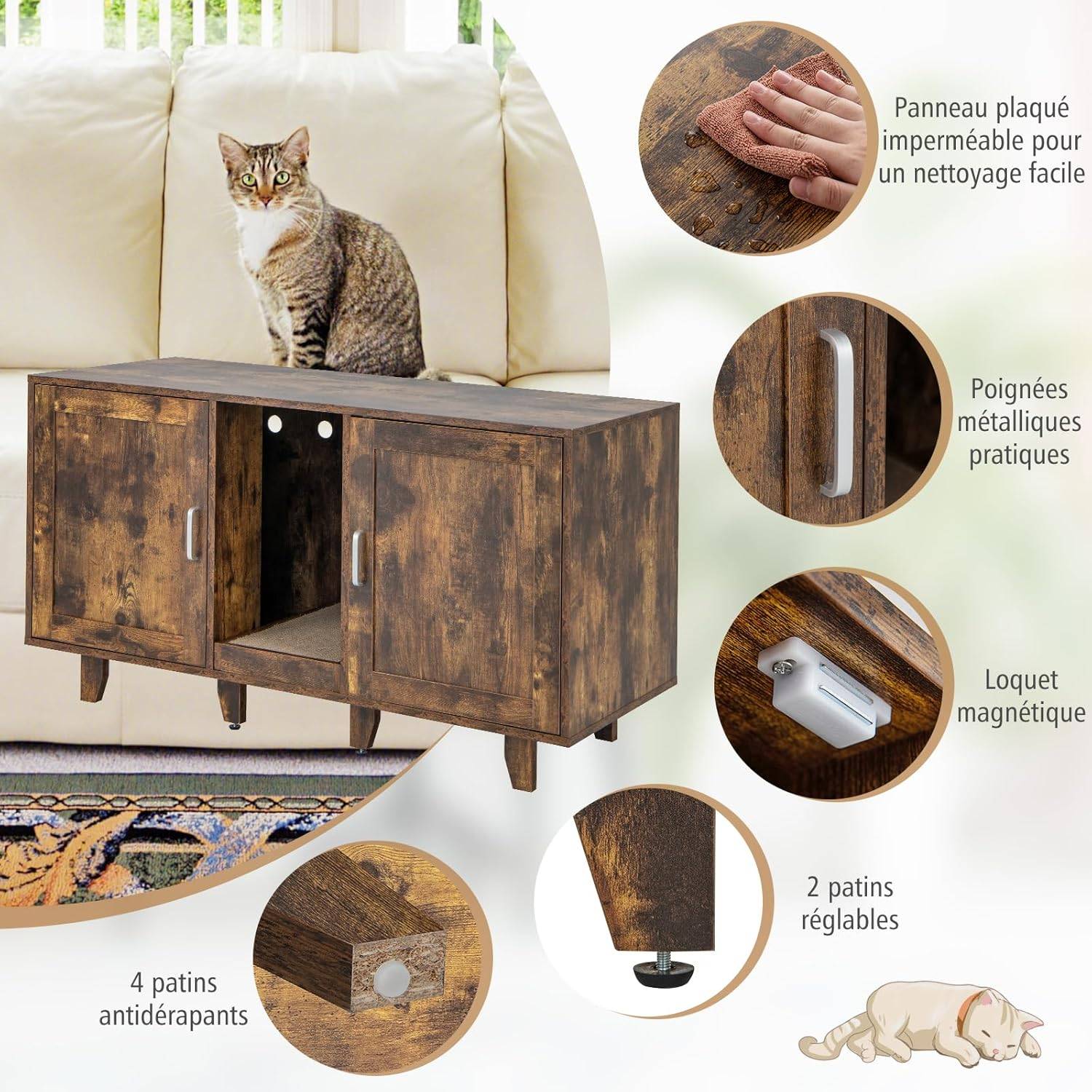 Maison de Toilettes pour Chat à Double Portes,Meuble TV pour Litière Cachée de Chat(Marron) - Image 8