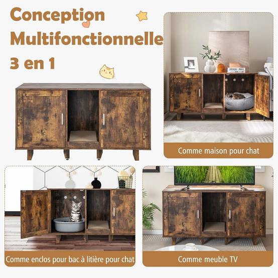 Maison de Toilettes pour Chat à Double Portes,Meuble TV pour Litière Cachée de Chat(Marron) - Image 6