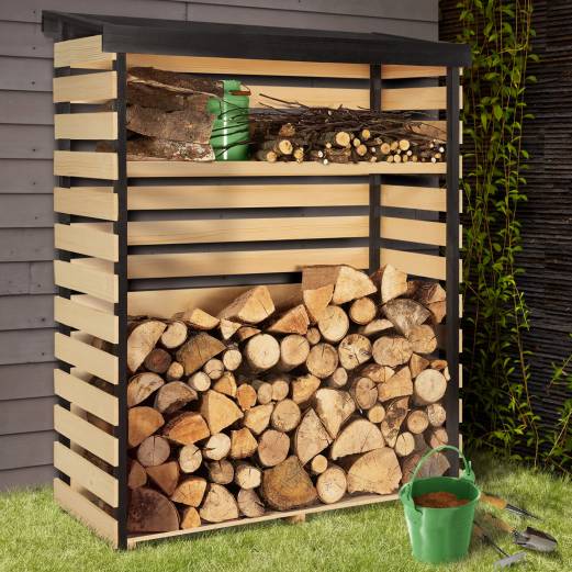 Abri de stockage en bois pour bûches toit incliné et étagère - Image 2