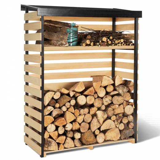 Abri de stockage en bois pour bûches toit incliné et étagère - Image 1