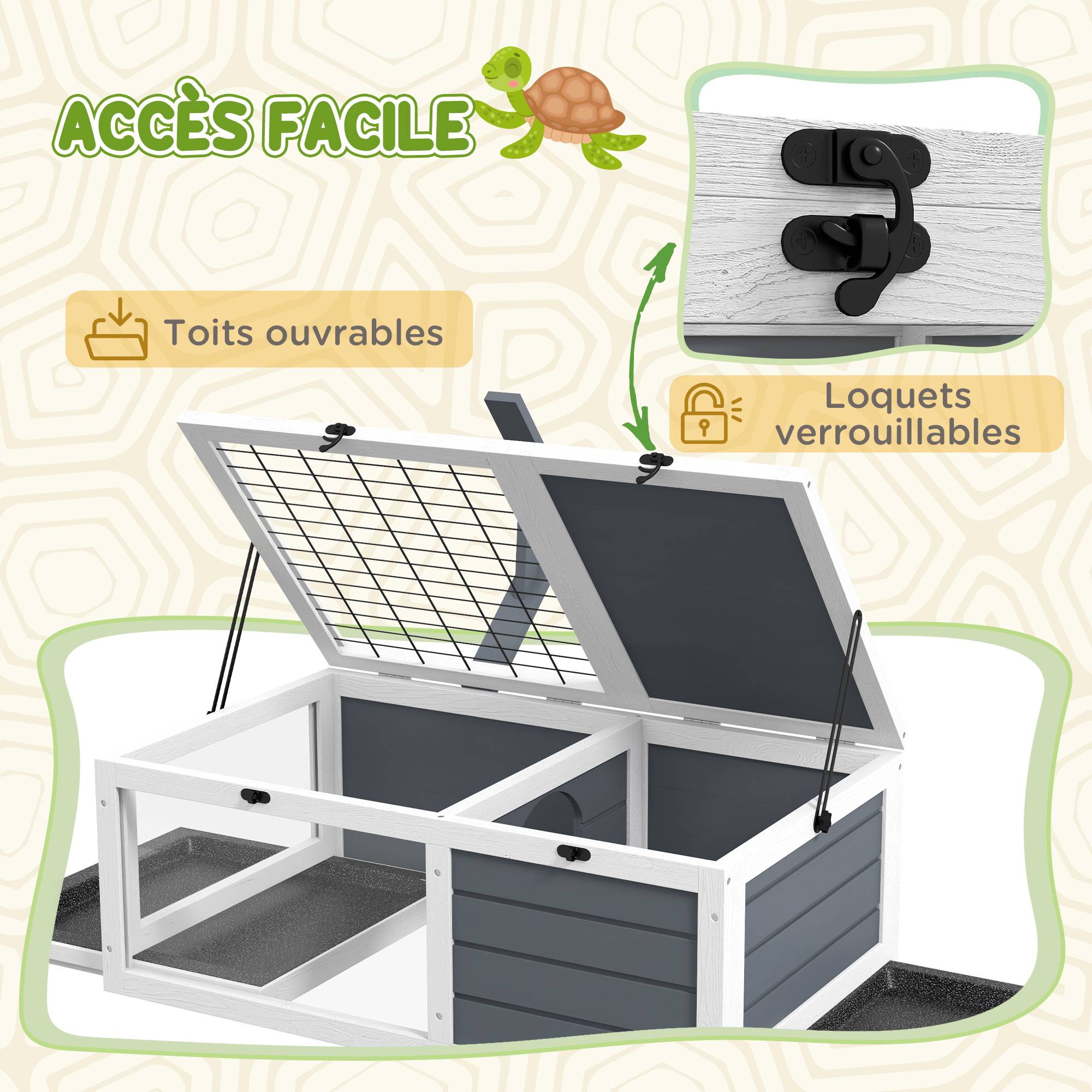 Maison enclos cage pour petit animal tortue avec 2 espaces support de lampe 81 x 48 x 31,5 cm gris - Image 8