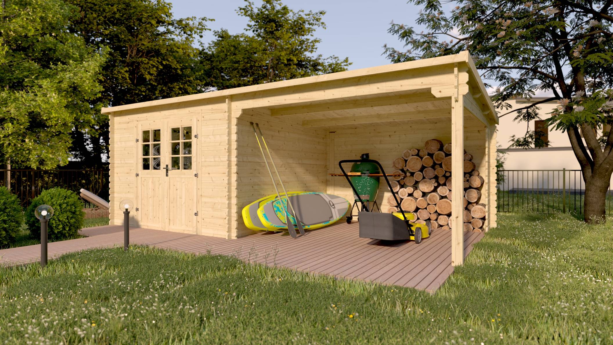 Eden Partenaire Jardin - Abri de jardin en bois mono pente de 7,53 m² + 8,1 m² d’auvent - Image 2