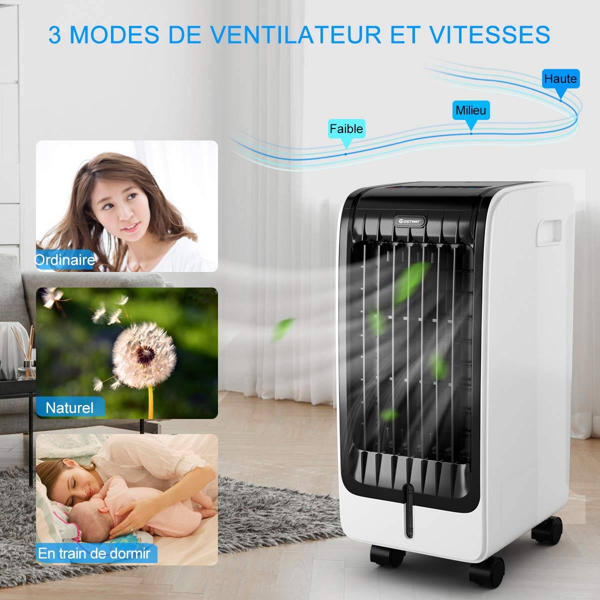 Rafraîchisseur d'Air, Climatiseur Mobile sans Évacuation 6L, Auto-Oscillation,Refroidissement,Minuterie 8H,2 Pain de Glace - Image 3