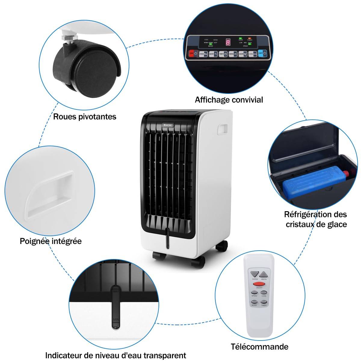 Rafraîchisseur d'Air, Climatiseur Mobile sans Évacuation 6L, Auto-Oscillation,Refroidissement,Minuterie 8H,2 Pain de Glace - Image 4