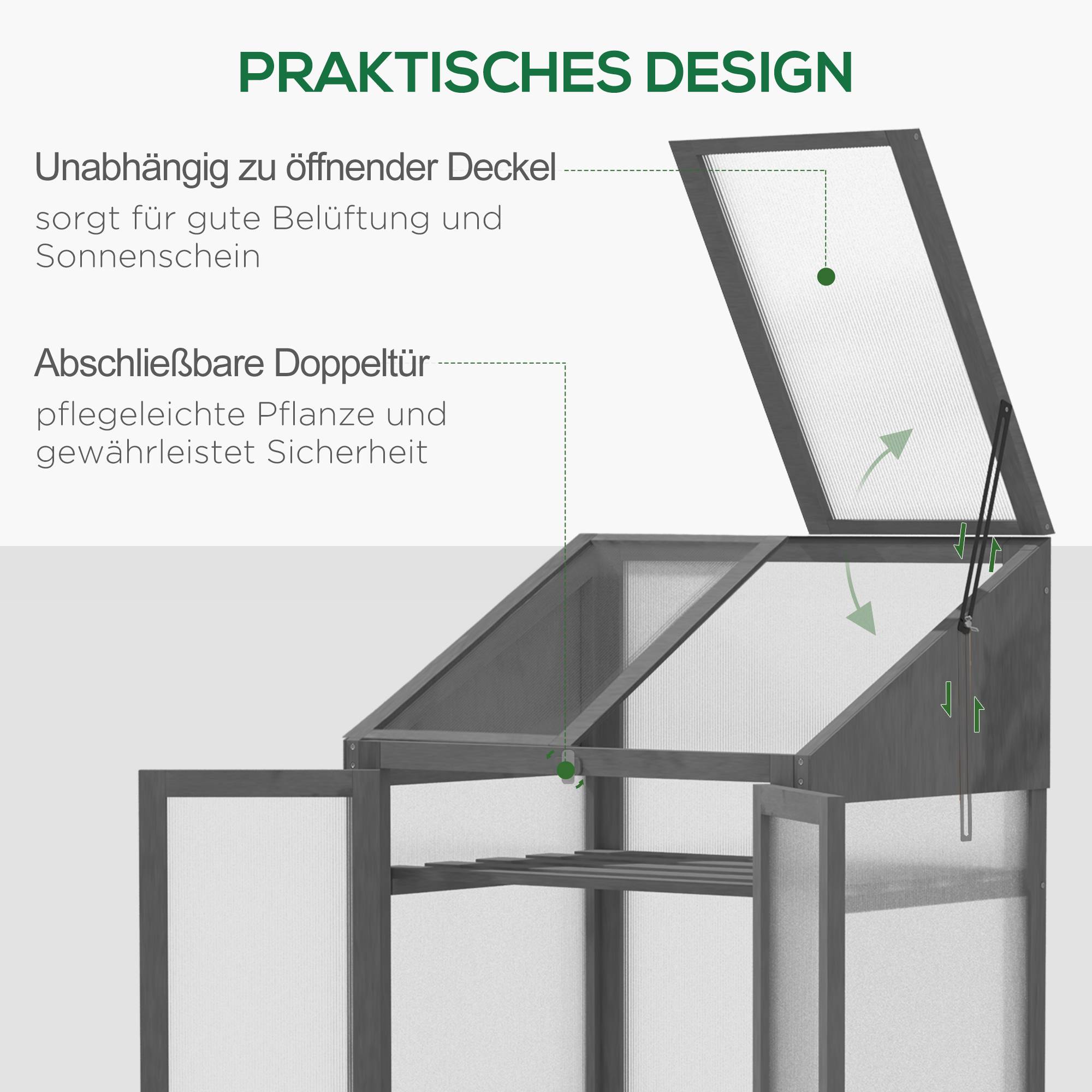 Mini-serre en bois, fenêtre et double porte, 3 étagères, 70L x 50l x 120H cm, Gris - Image 8