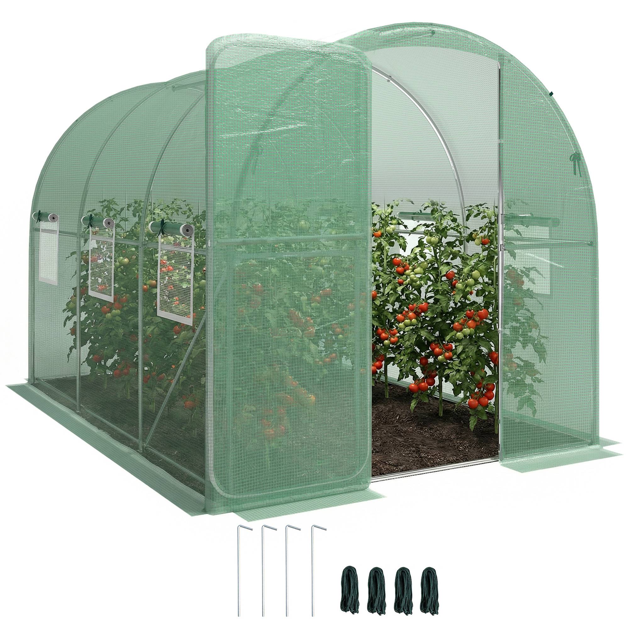 Serre tunnel de jardin 6m², serre de jardin tunnel 200x300x200cm porte et 6 fenêtres, bâche PE 140 g/m² vert