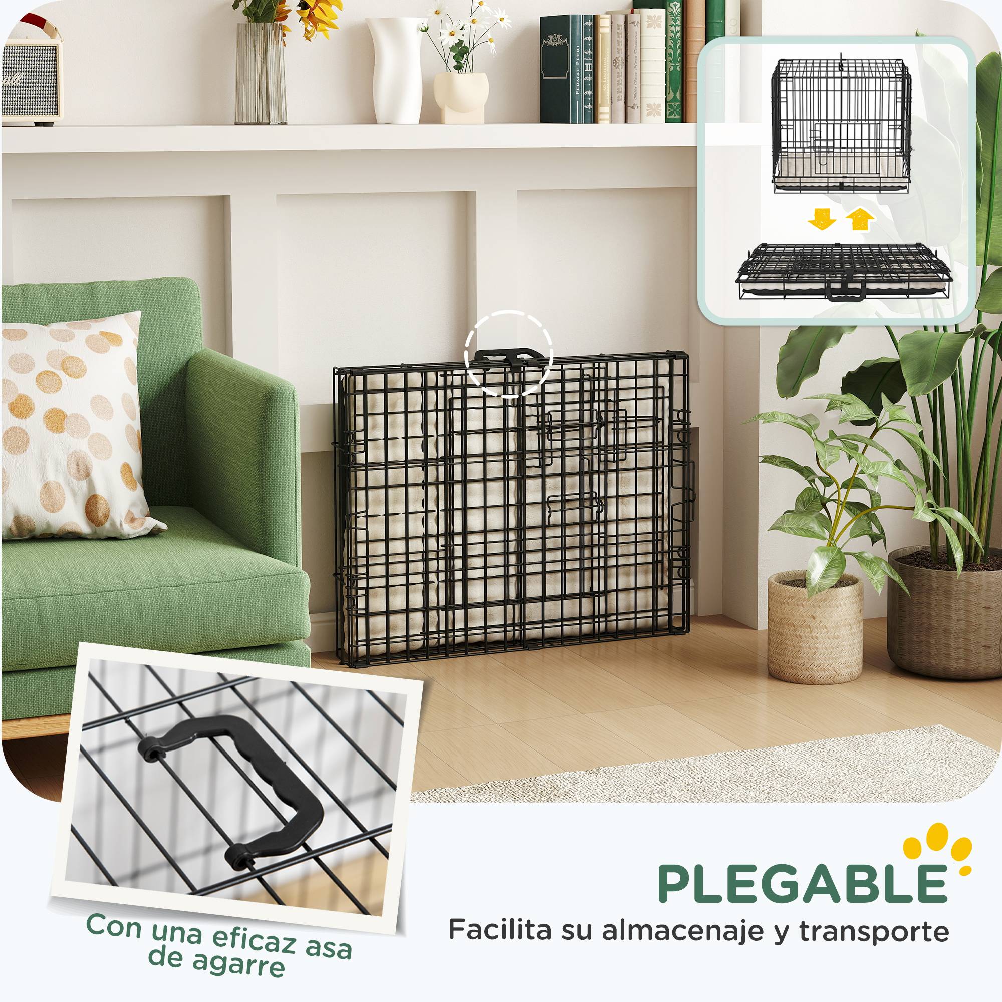 Cage pliable pour chien avec coussin, portes, plateau amovible et structure en fil de fer, 60 x 45 x 50 cm, noir et beige - Image 9