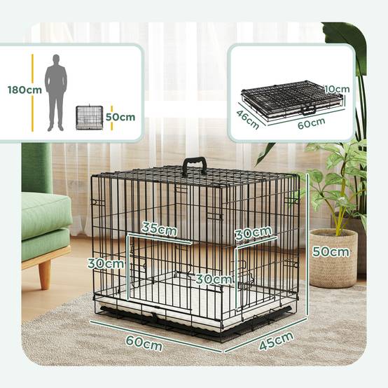 Cage pliable pour chien avec coussin, portes, plateau amovible et structure en fil de fer, 60 x 45 x 50 cm, noir et beige - Image 5