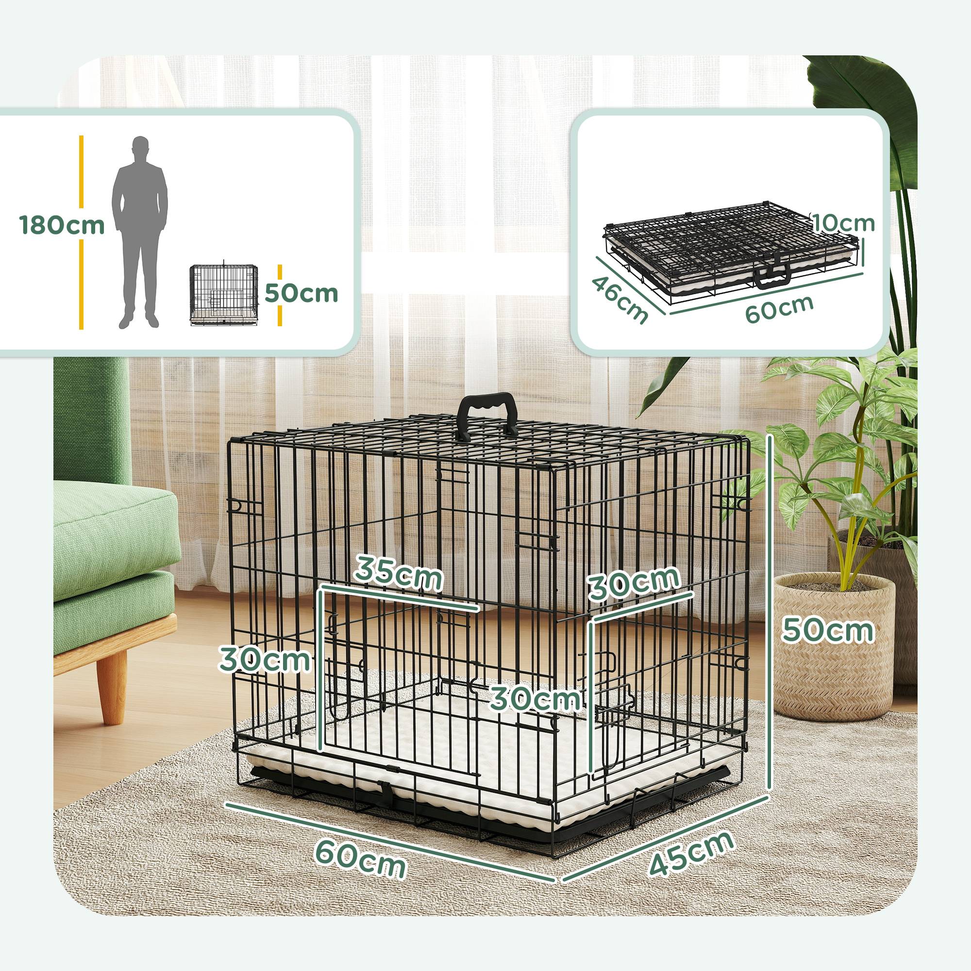 Cage pliable pour chien avec coussin, portes, plateau amovible et structure en fil de fer, 60 x 45 x 50 cm, noir et beige - Image 5