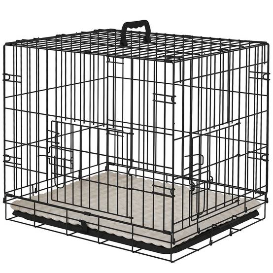 Cage pliable pour chien avec coussin, portes, plateau amovible et structure en fil de fer, 60 x 45 x 50 cm, noir et beige - Image 2