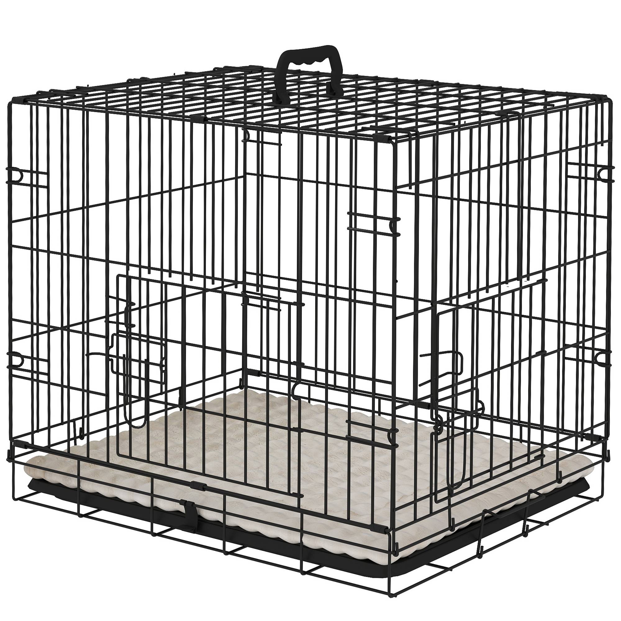 Cage pliable pour chien avec coussin, portes, plateau amovible et structure en fil de fer, 60 x 45 x 50 cm, noir et beige - Image 2