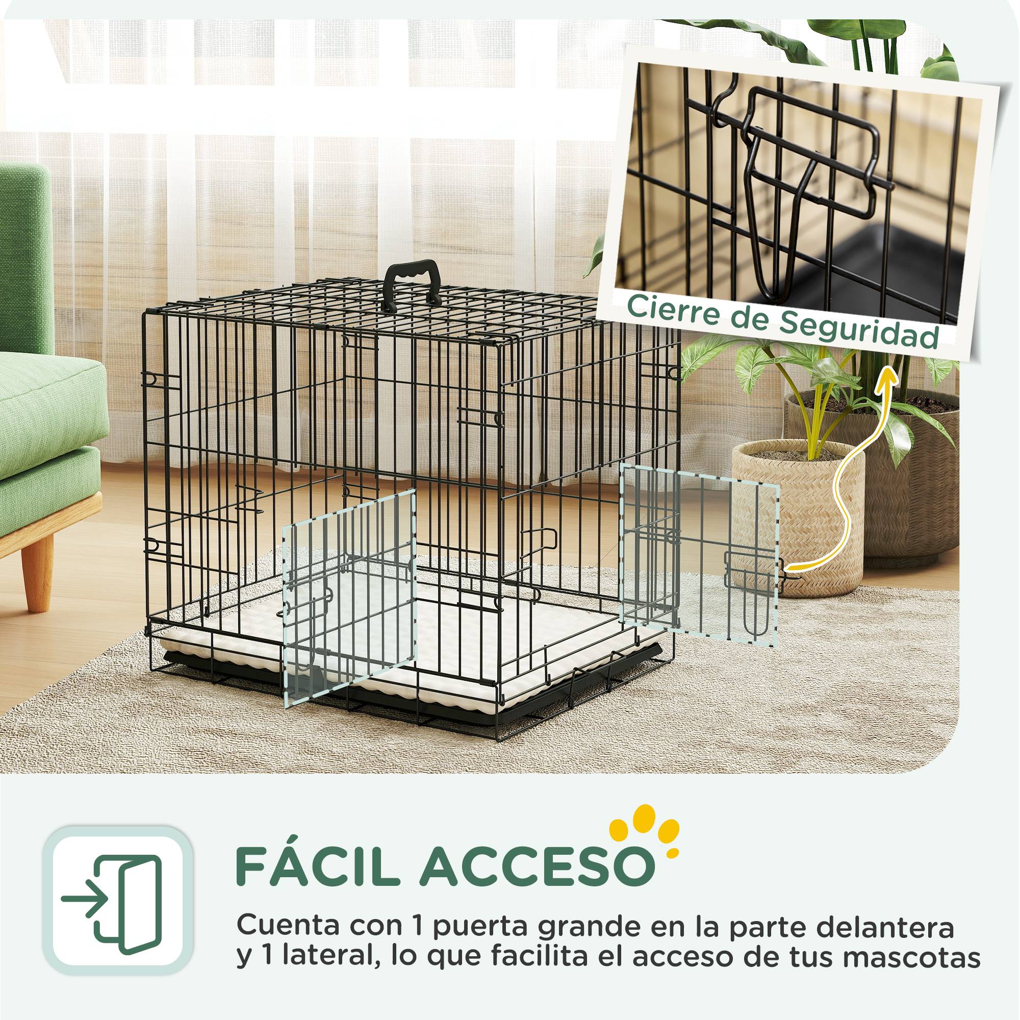 Cage pliable pour chien avec coussin, portes, plateau amovible et structure en fil de fer, 60 x 45 x 50 cm, noir et beige - Image 7