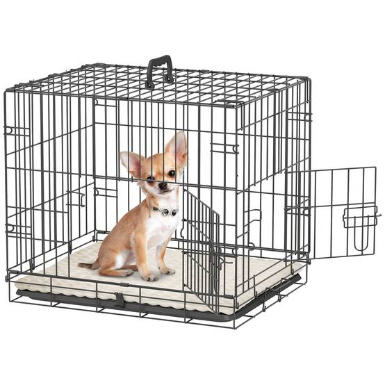 Cage pliable pour chien avec coussin, portes, plateau amovible et structure en fil de fer, 60 x 45 x 50 cm, noir et beige - Image 1