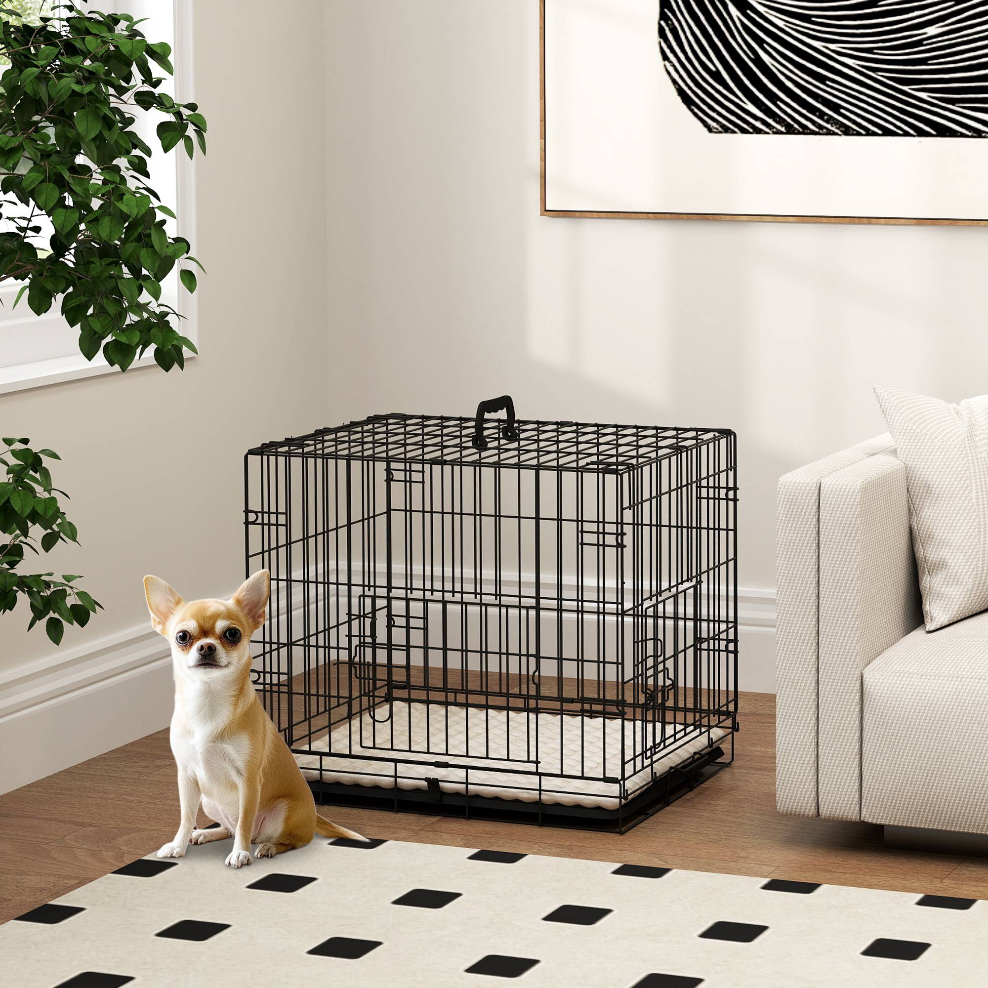 Cage pliable pour chien avec coussin, portes, plateau amovible et structure en fil de fer, 60 x 45 x 50 cm, noir et beige - Image 4