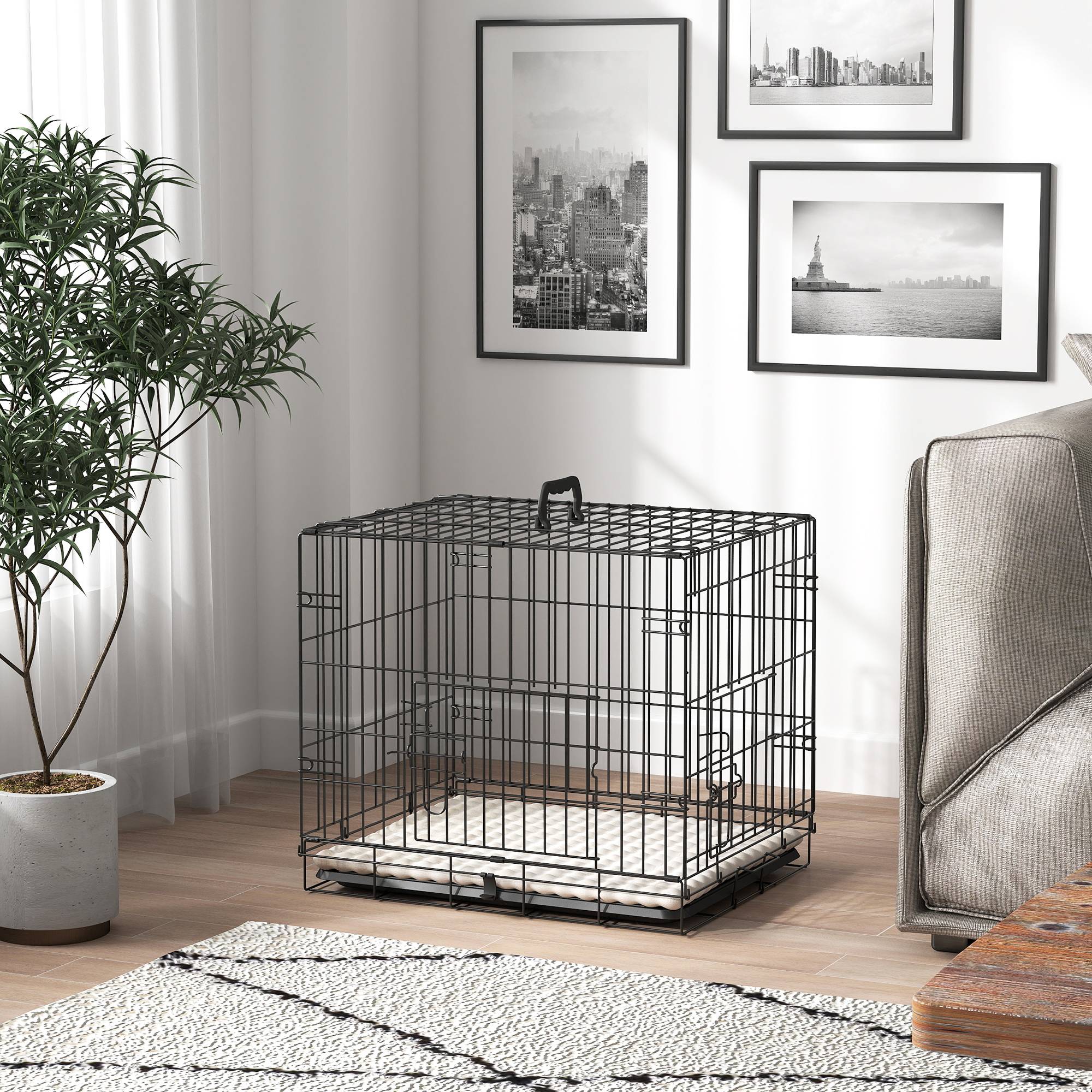 Cage pliable pour chien avec coussin, portes, plateau amovible et structure en fil de fer, 60 x 45 x 50 cm, noir et beige - Image 10