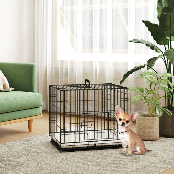 Cage pliable pour chien avec coussin, portes, plateau amovible et structure en fil de fer, 60 x 45 x 50 cm, noir et beige - Image 3