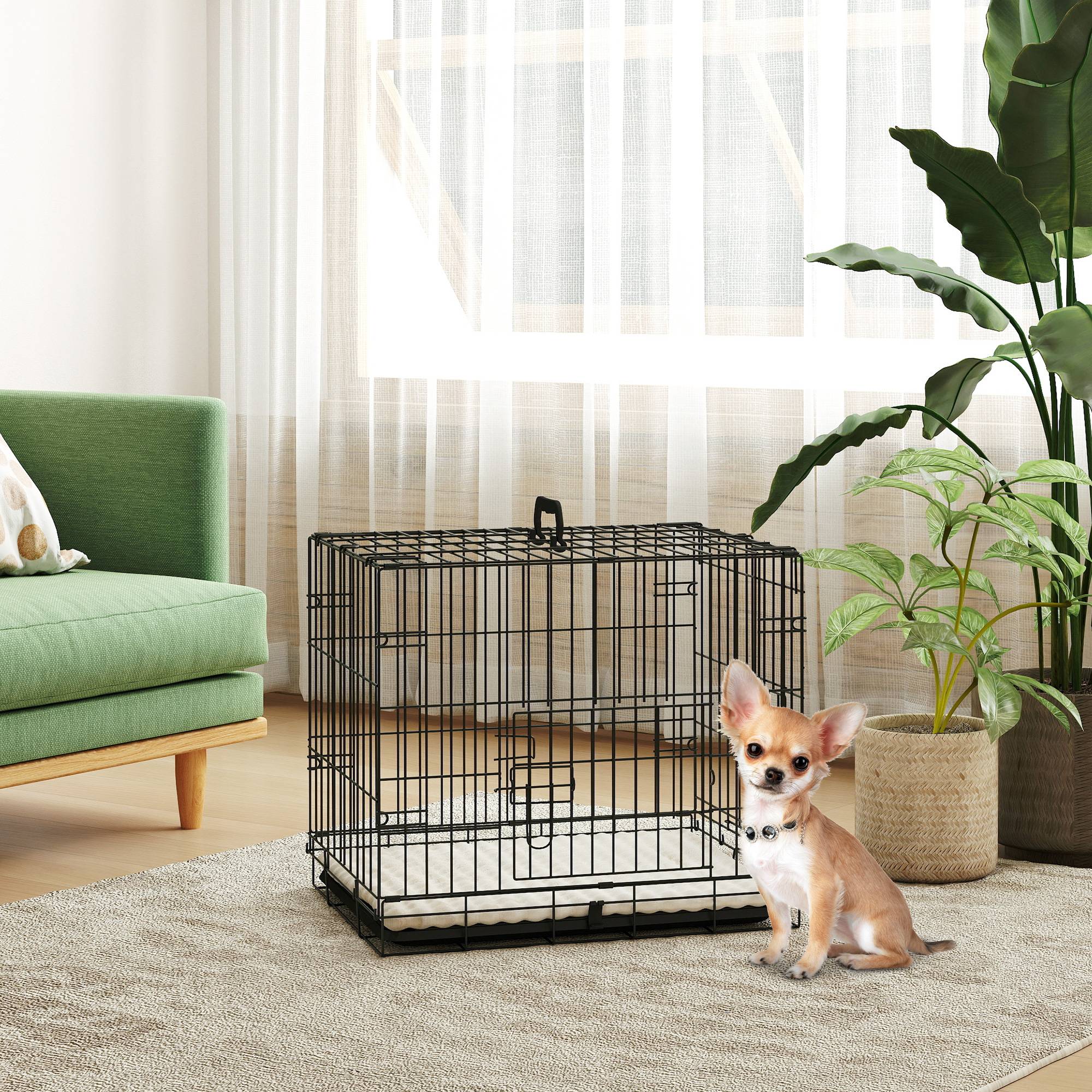 Cage pliable pour chien avec coussin, portes, plateau amovible et structure en fil de fer, 60 x 45 x 50 cm, noir et beige - Image 3