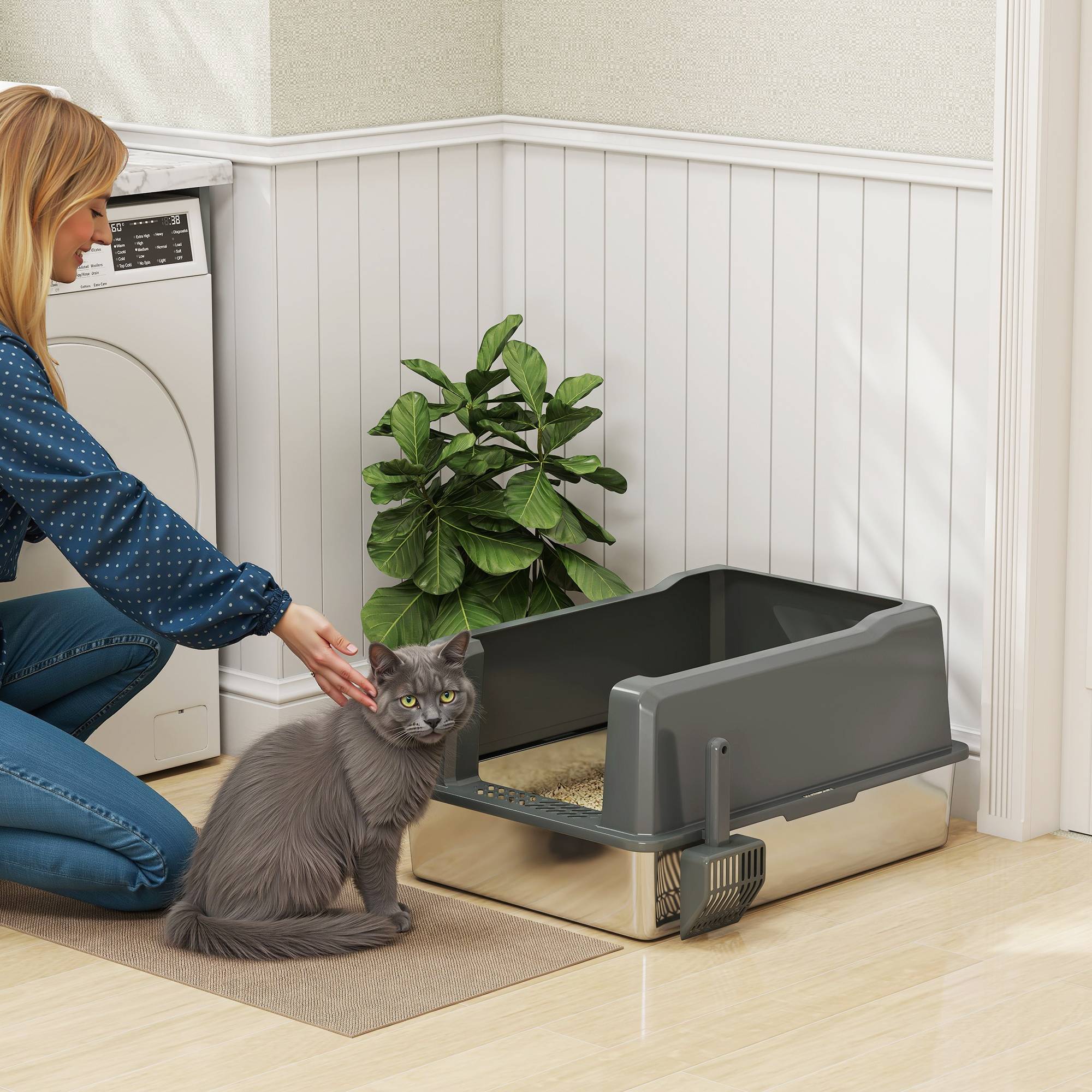 Bac à Litière Grand Volume 85L en Acier Inoxydable Semi-Ouvert pour Grand Chat 71 cm Gris - ComfortXL Outdoor Living - Image 3