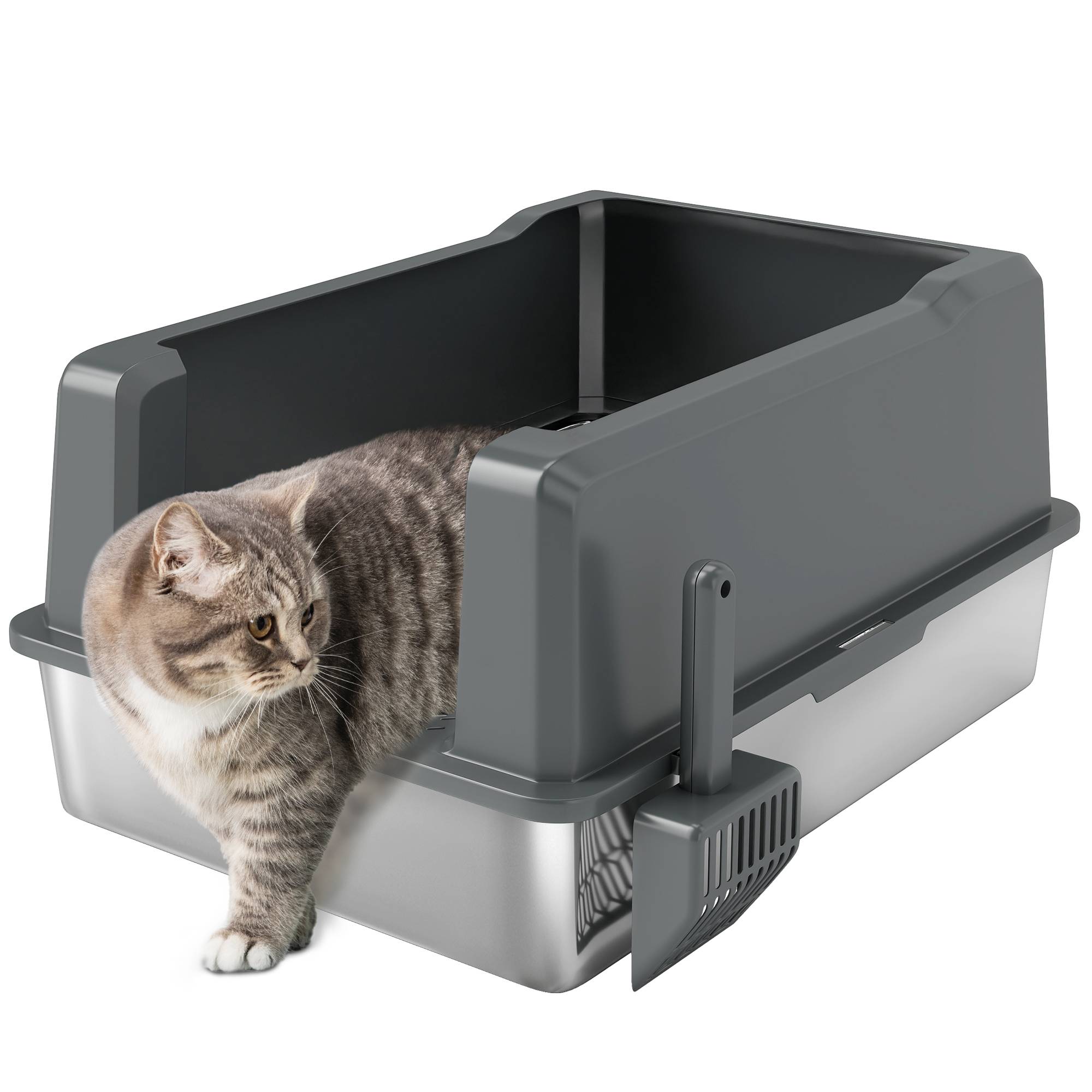 Bac à Litière Grand Volume 85L en Acier Inoxydable Semi-Ouvert pour Grand Chat 71 cm Gris - ComfortXL Outdoor Living - Image 1
