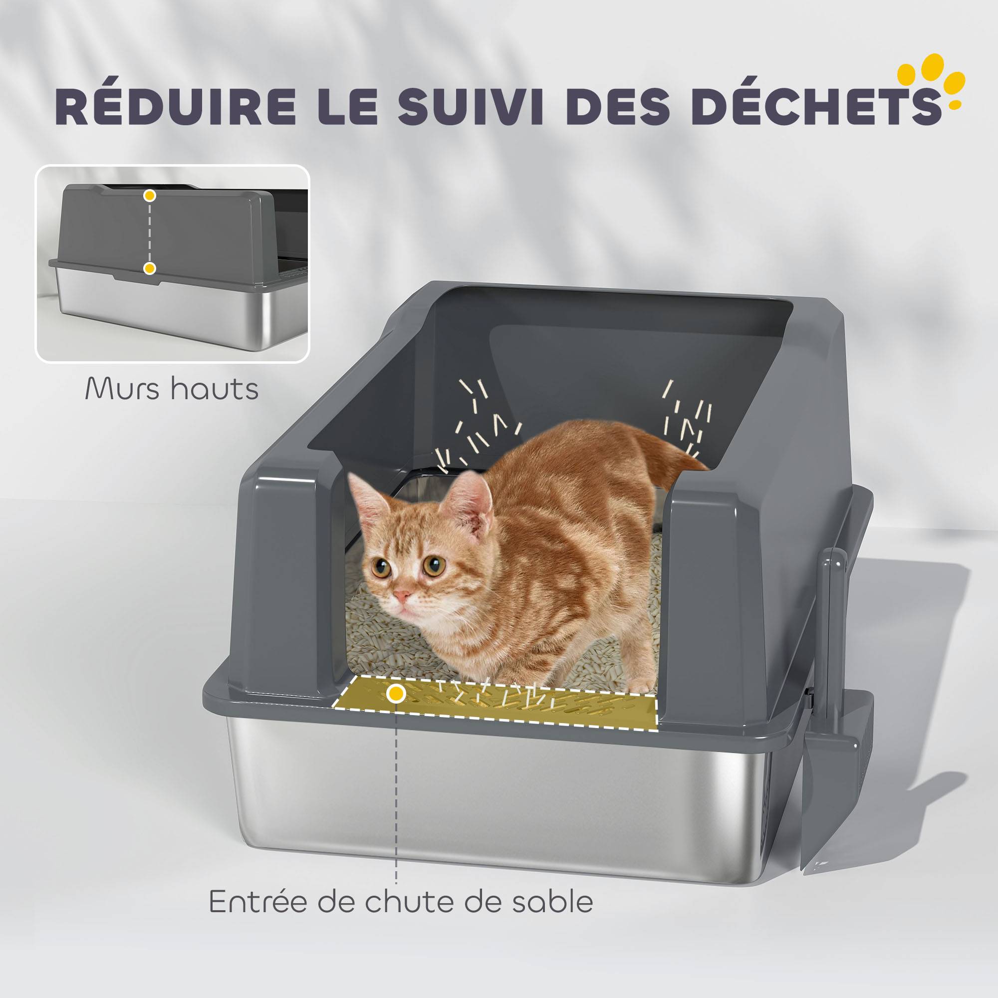 Bac à Litière Grand Volume 85L en Acier Inoxydable Semi-Ouvert pour Grand Chat 71 cm Gris - ComfortXL Outdoor Living - Image 7