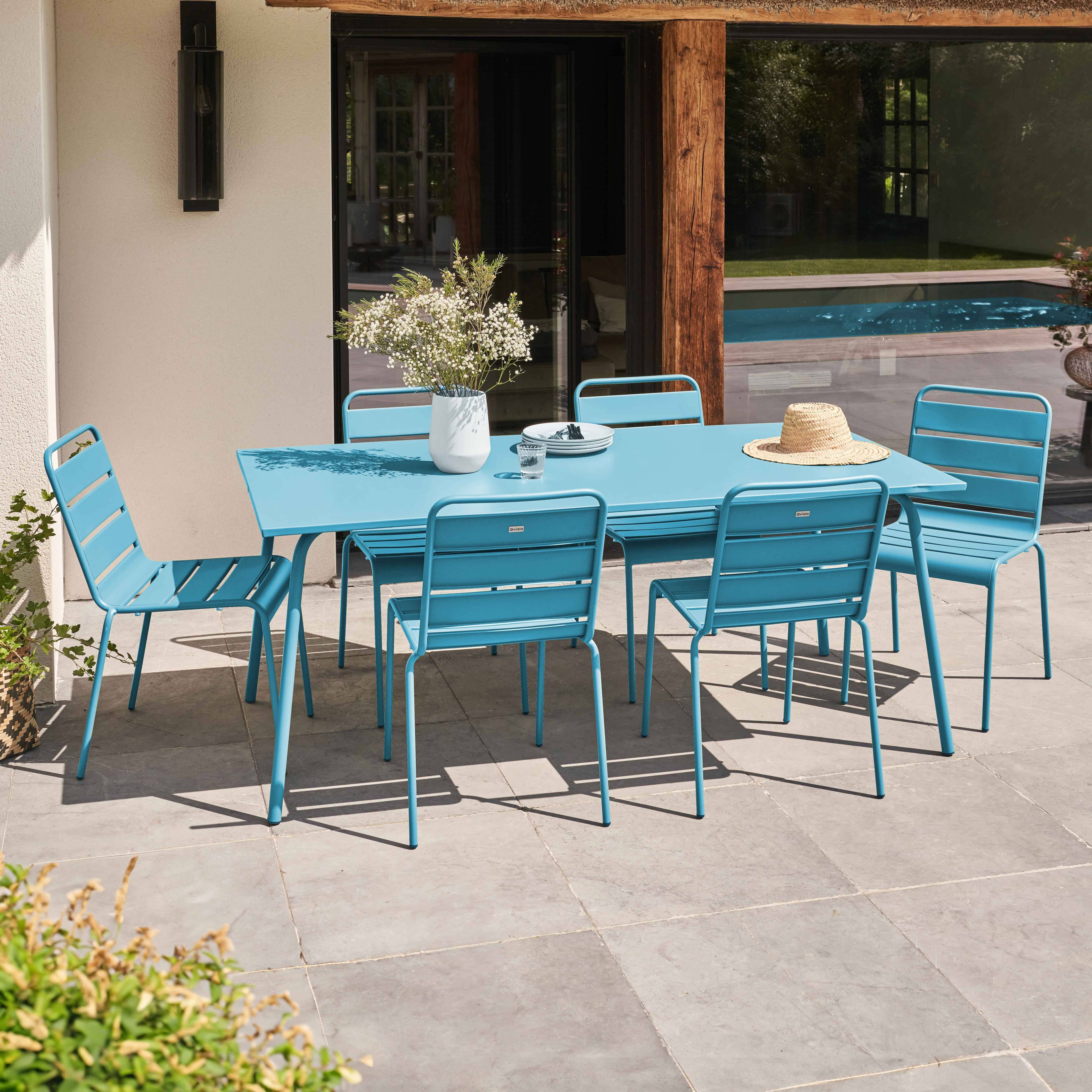 Oviala - Ensemble table de jardin et 6 chaises en métal bleu Palavas - Oviala - Imagen 2
