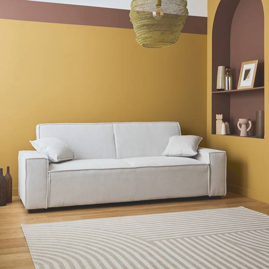 sweeek - Canapé convertible 3 places blanc crème velours côtelé L 231 x P 96.5 x H 80cm | sweeek - Image 1
