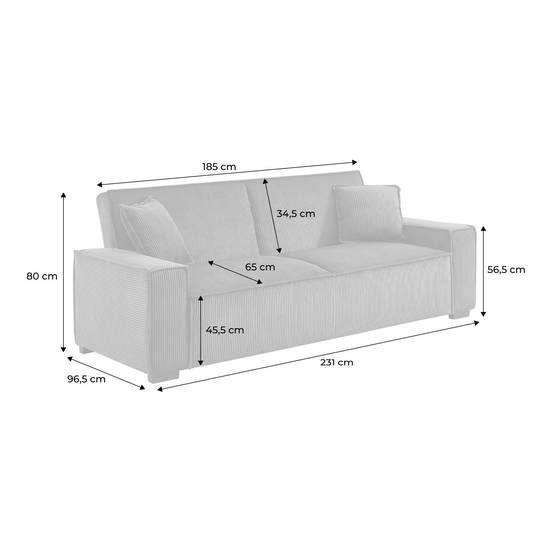 sweeek - Canapé convertible 3 places blanc crème velours côtelé L 231 x P 96.5 x H 80cm | sweeek - Image 3