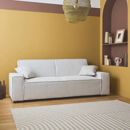sweeek - Canapé convertible 3 places blanc crème velours côtelé L 231 x P 96.5 x H 80cm | sweeek - Image 2