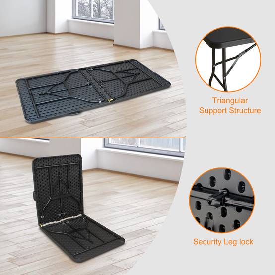 Table pliante robuste 180 cm, portable avec poignée, multifonctionnelle camping intérieur extérieur, charge 135 kg (noir) - Image 3
