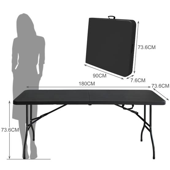 Table pliante robuste 180 cm, portable avec poignée, multifonctionnelle camping intérieur extérieur, charge 135 kg (noir) - Image 6