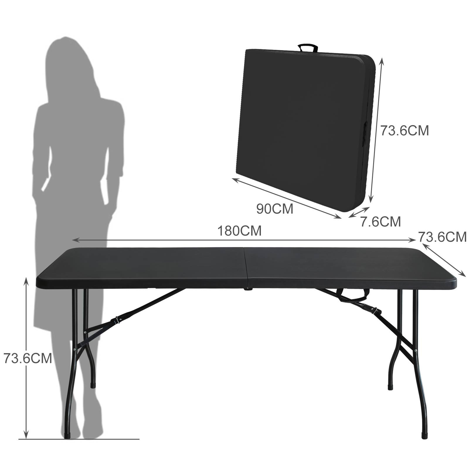 Table pliante robuste 180 cm, portable avec poignée, multifonctionnelle camping intérieur extérieur, charge 135 kg (noir) - Image 6
