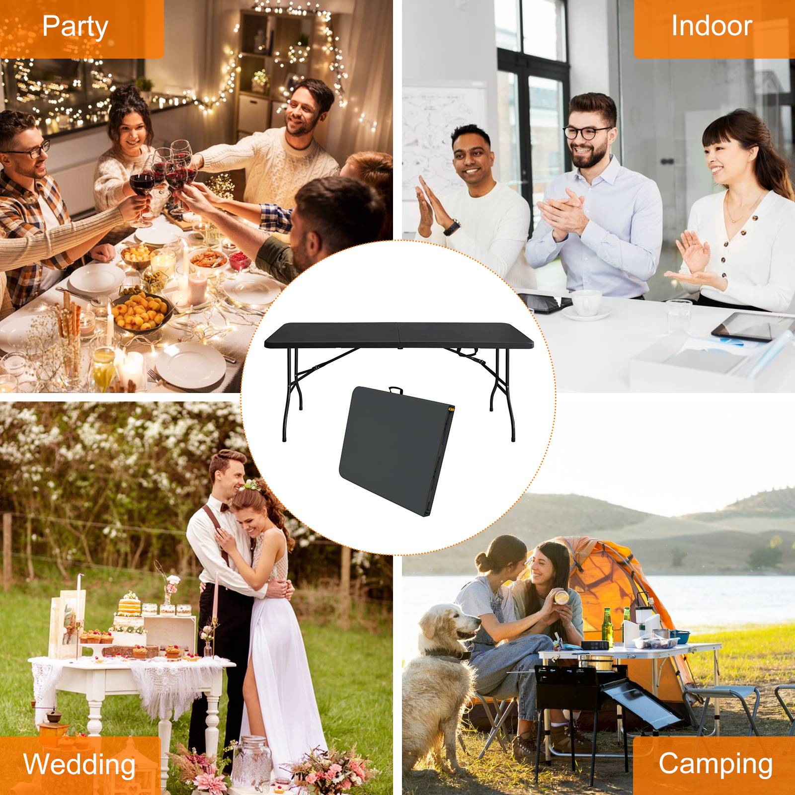 Table pliante robuste 180 cm, portable avec poignée, multifonctionnelle camping intérieur extérieur, charge 135 kg (noir) - Image 7