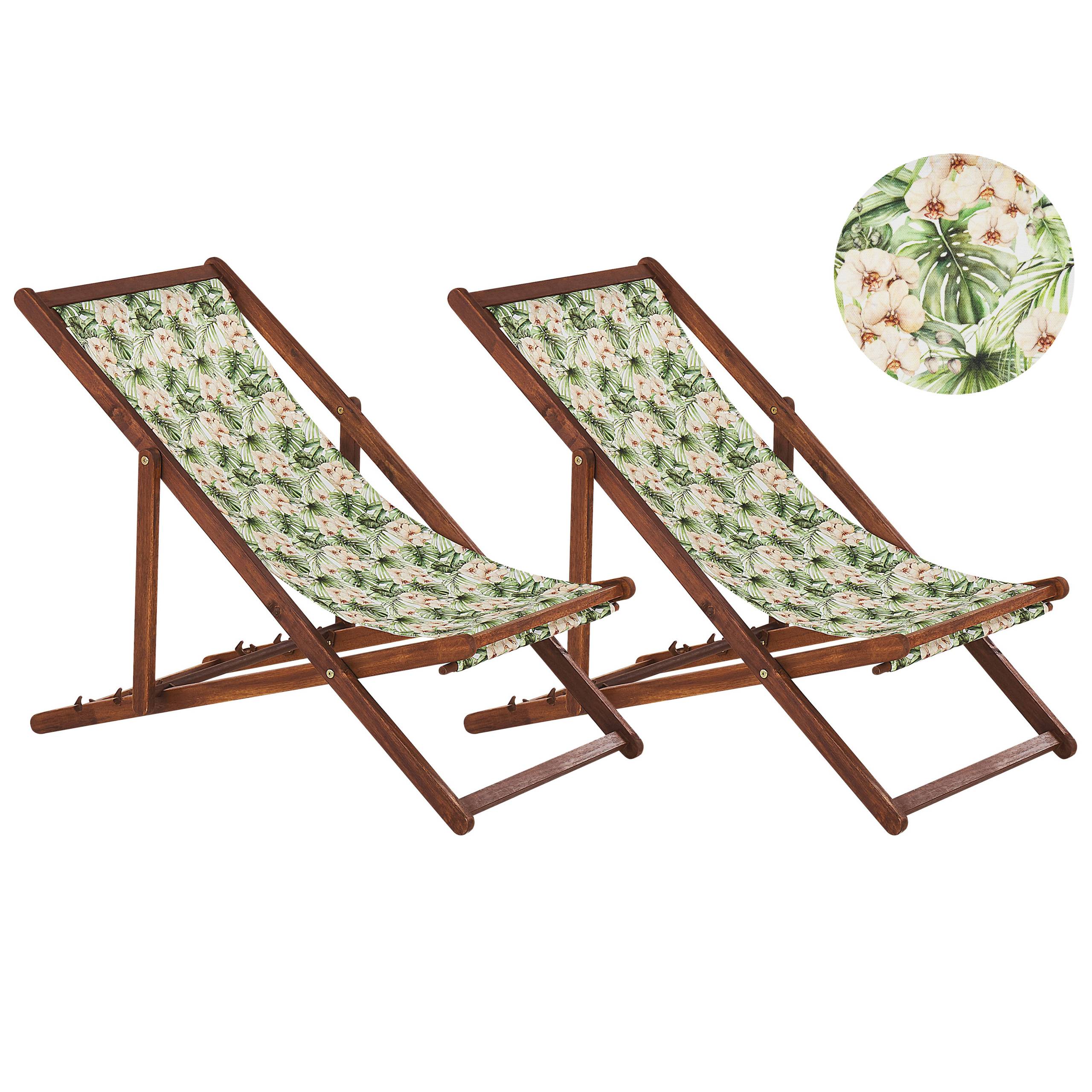 Beliani - 2 Transats Chiliennes Pliantes et Réglables en Bois d'Acacia Foncé et Textile Motif Feuillage et Fleurs avec Toiles de Remplacement - Imagen 1