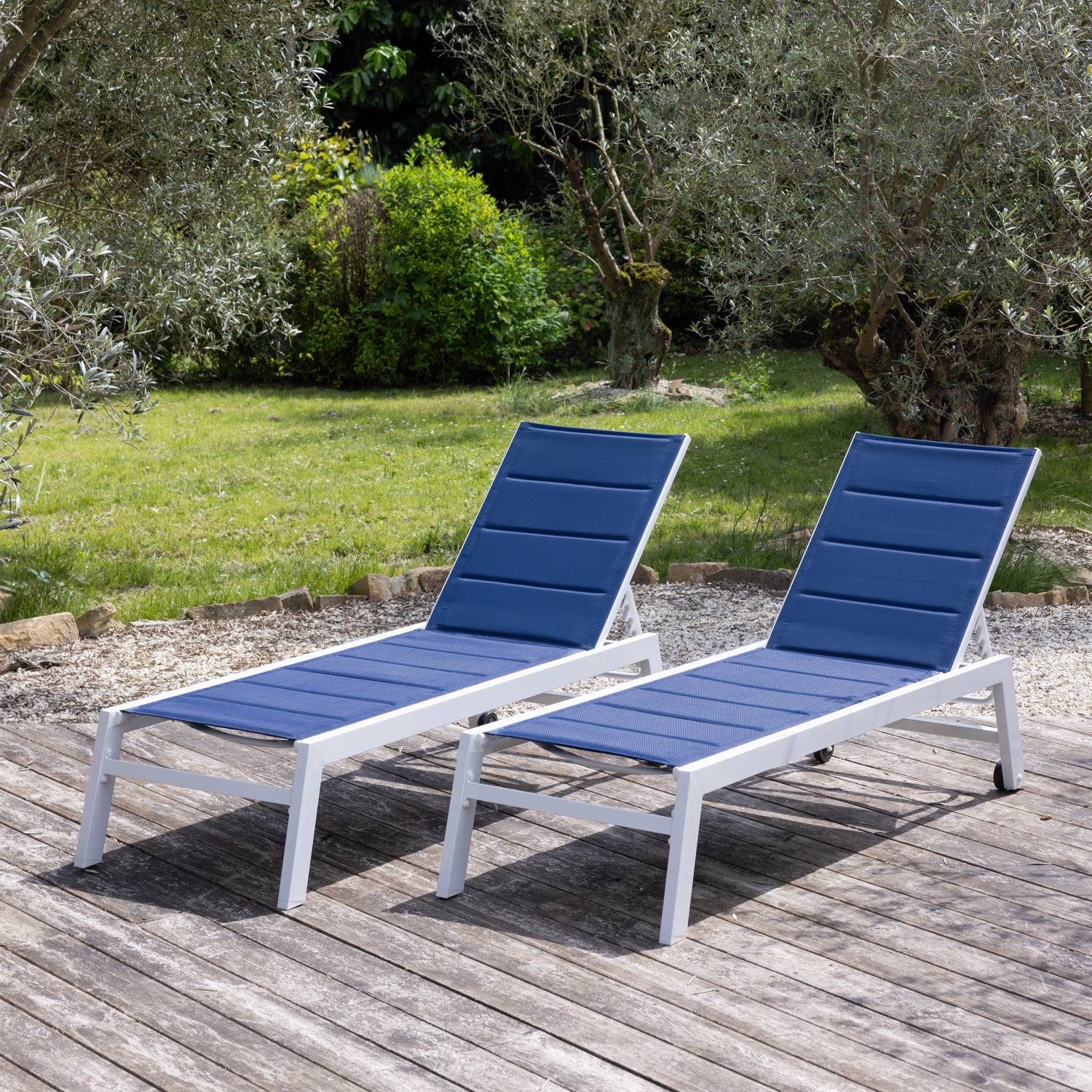 Lot de 2 bains de soleil BARBADOS en textilène bleu - aluminium blanc - HAPPY GARDEN - Imagen 2