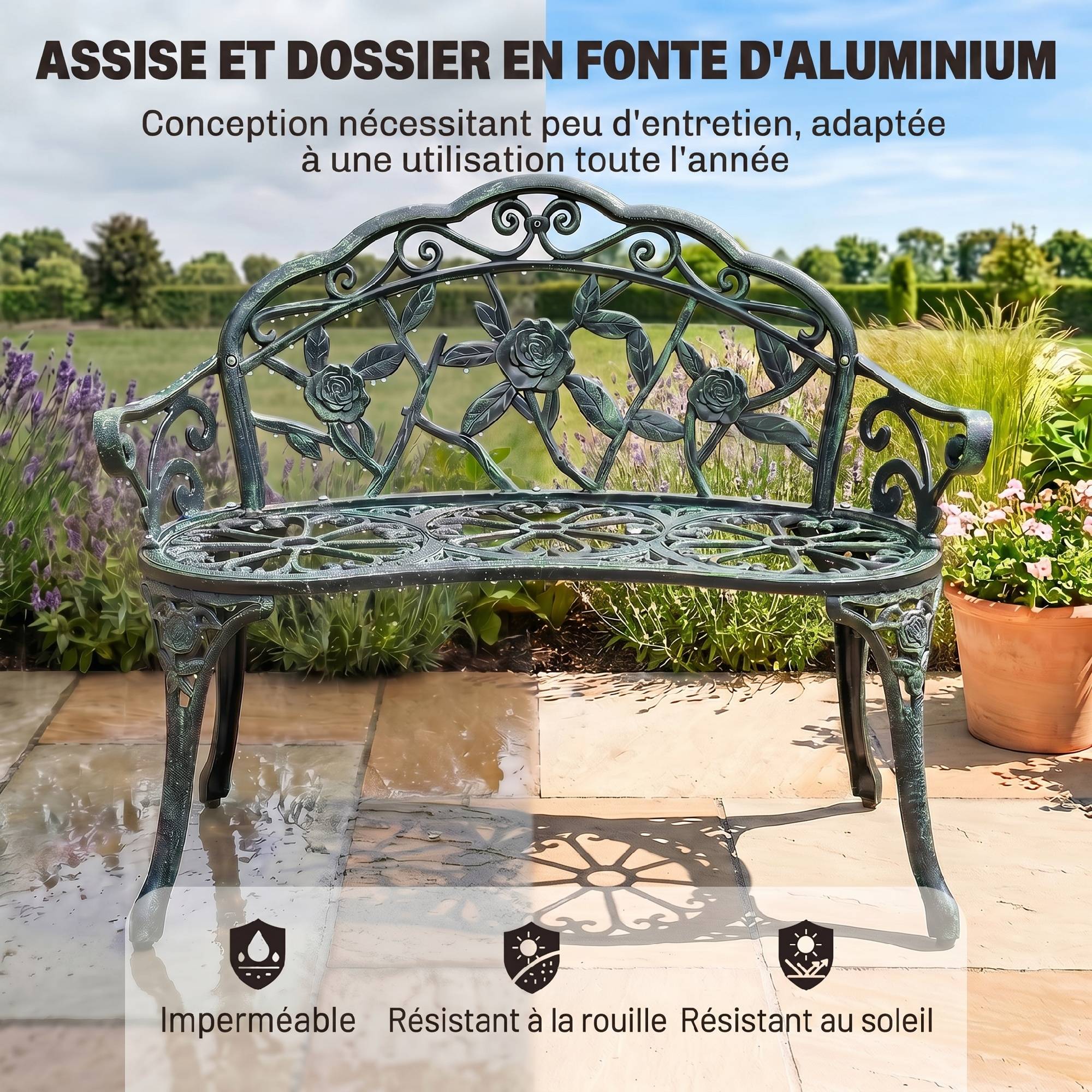 Sans Marque - Banc de Jardin 2 Places Style néo-rétro Motif Rose Lignes fuselées 100L x 54l x 78H cm Fonte d'aluminium Vert - Image 7