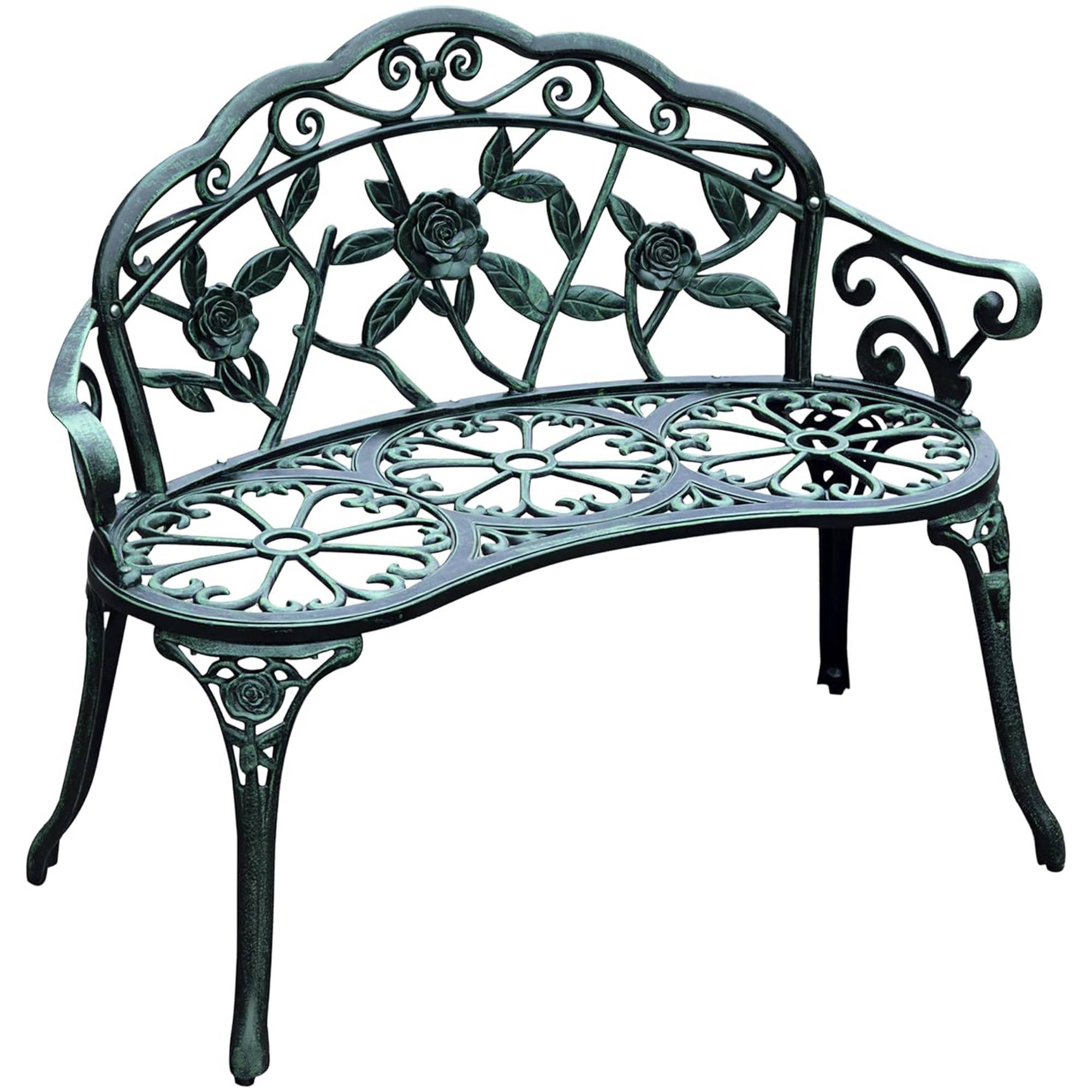 Sans Marque - Banc de Jardin 2 Places Style néo-rétro Motif Rose Lignes fuselées 100L x 54l x 78H cm Fonte d'aluminium Vert - Image 1