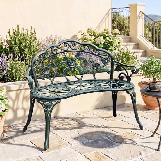 Sans Marque - Banc de Jardin 2 Places Style néo-rétro Motif Rose Lignes fuselées 100L x 54l x 78H cm Fonte d'aluminium Vert - Image 4