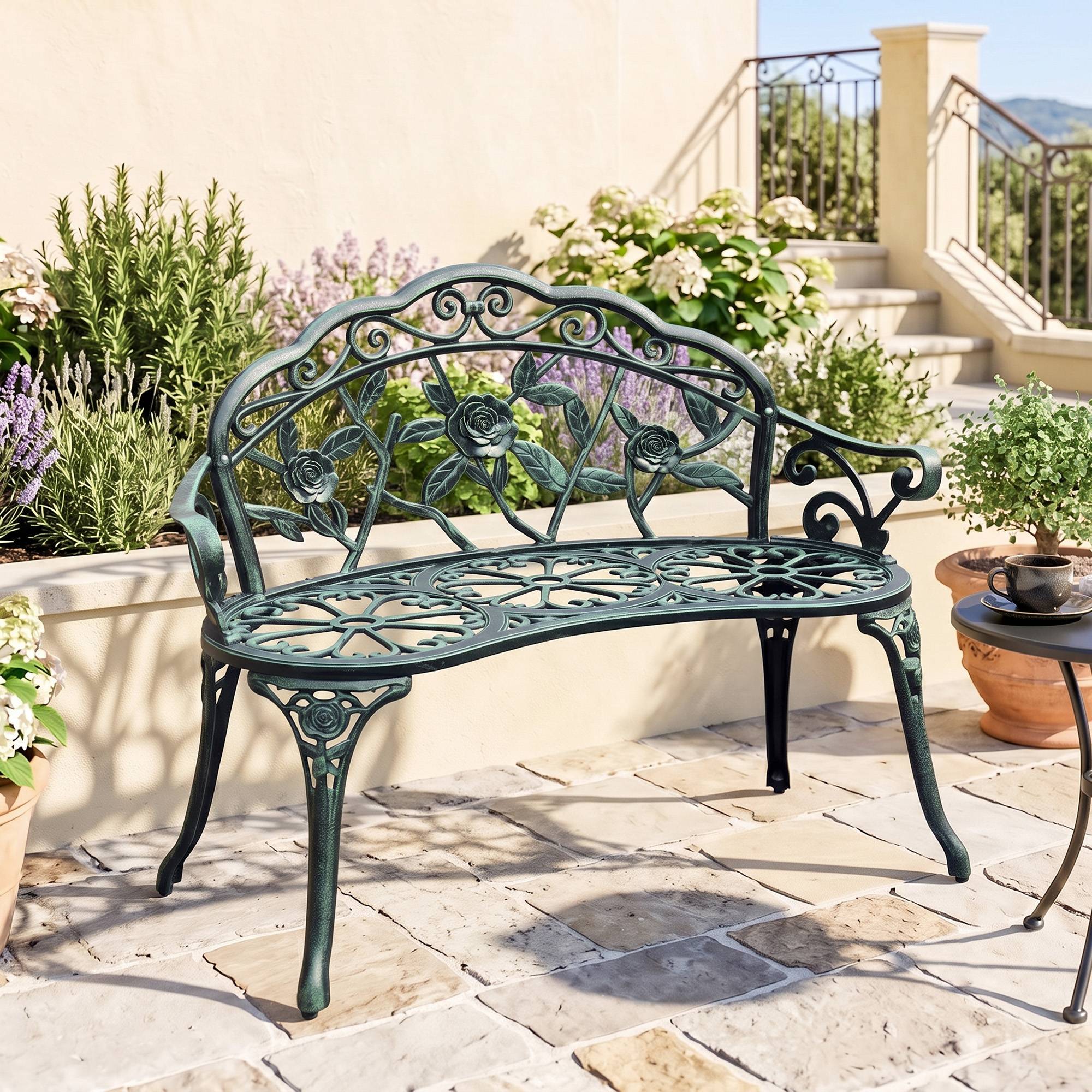 Sans Marque - Banc de Jardin 2 Places Style néo-rétro Motif Rose Lignes fuselées 100L x 54l x 78H cm Fonte d'aluminium Vert - Image 4
