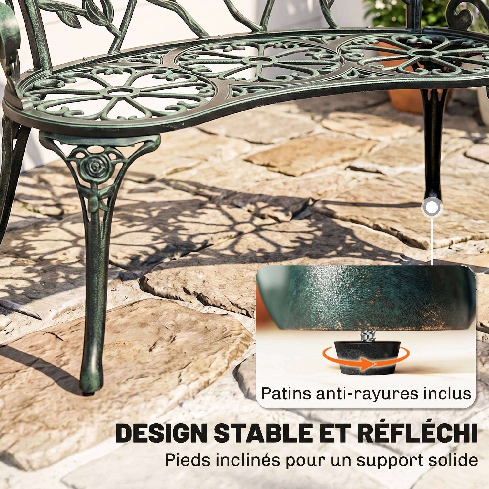Sans Marque - Banc de Jardin 2 Places Style néo-rétro Motif Rose Lignes fuselées 100L x 54l x 78H cm Fonte d'aluminium Vert - Image 9