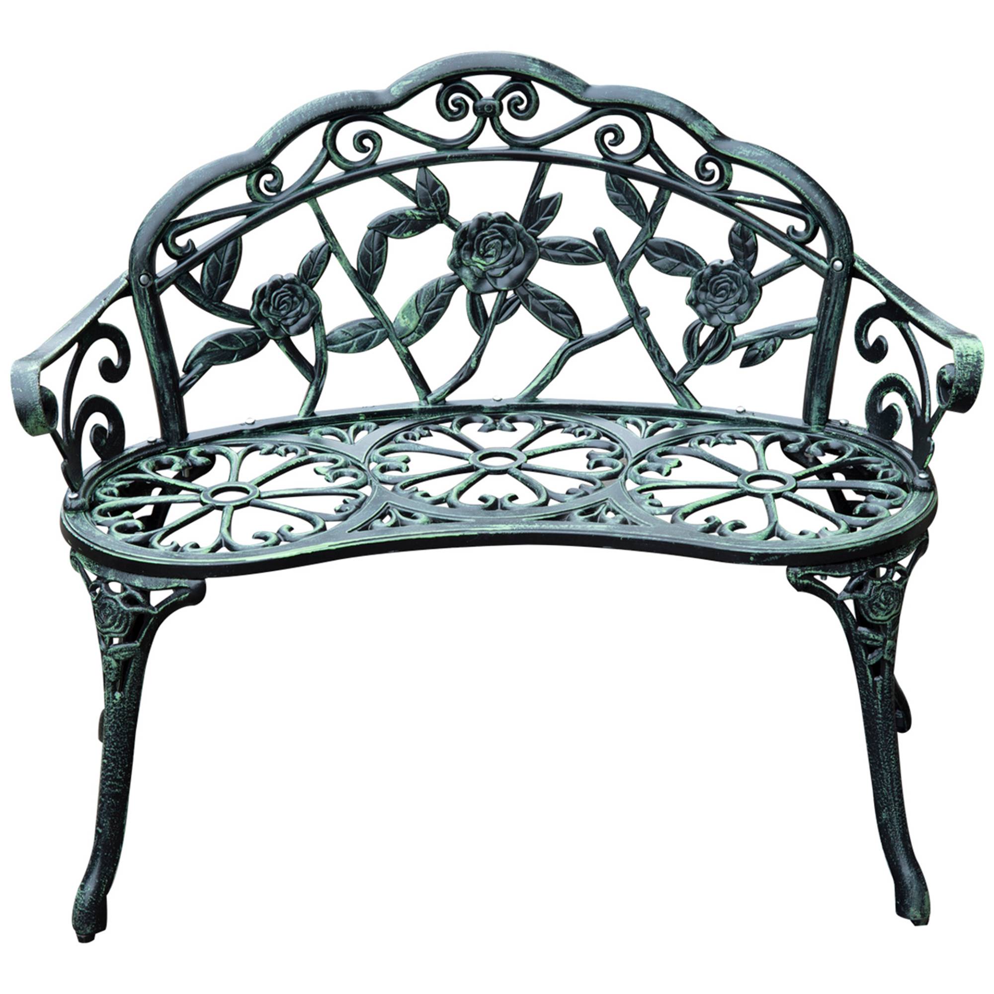 Sans Marque - Banc de Jardin 2 Places Style néo-rétro Motif Rose Lignes fuselées 100L x 54l x 78H cm Fonte d'aluminium Vert - Image 2