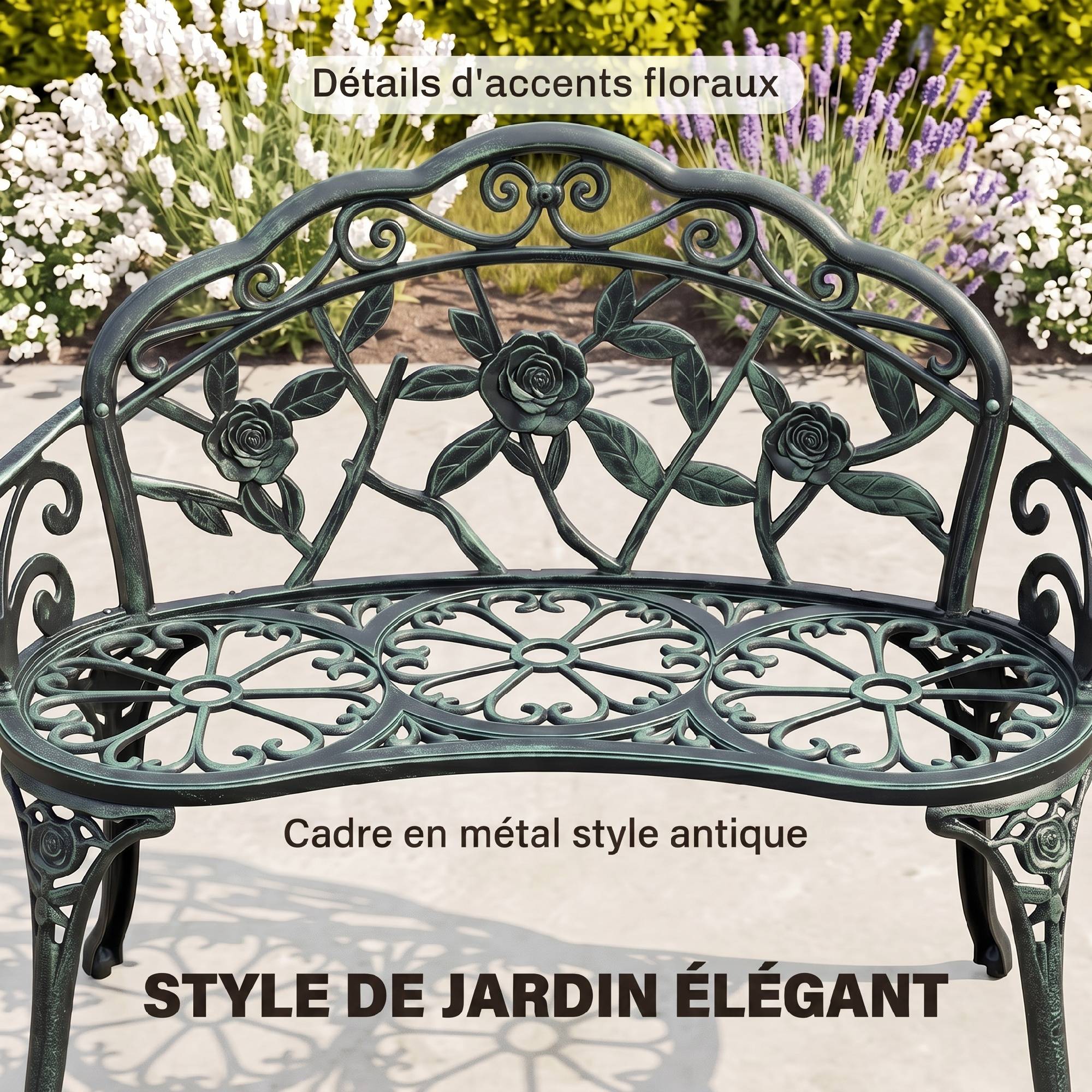 Sans Marque - Banc de Jardin 2 Places Style néo-rétro Motif Rose Lignes fuselées 100L x 54l x 78H cm Fonte d'aluminium Vert - Image 6