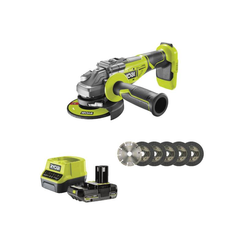 Ryobi - Pack RYOBI Meuleuse d'angle brushless R18AG7-0 - 18V One+ - 1 batterie 2.0Ah - 1 chargeur rapide RC18120-120 - Kit 6 disque 125 mm - Image 1