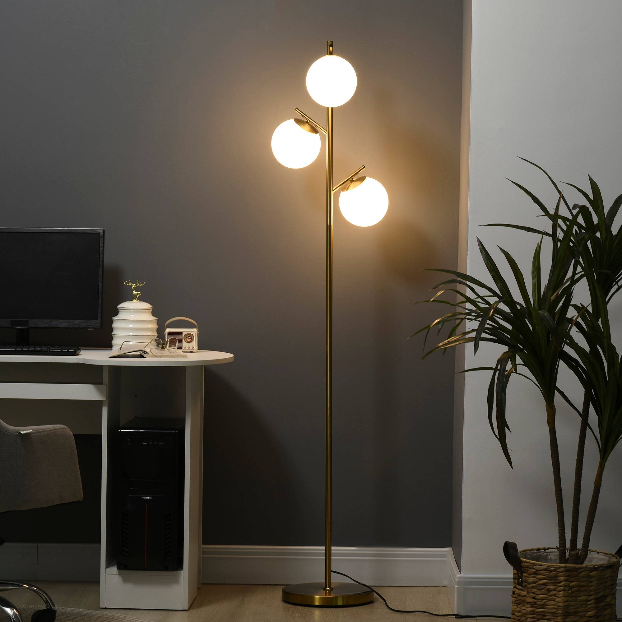 Lampadaire de style rétro, lampadaire à 3 abat-jour, verre, doré - Image 3
