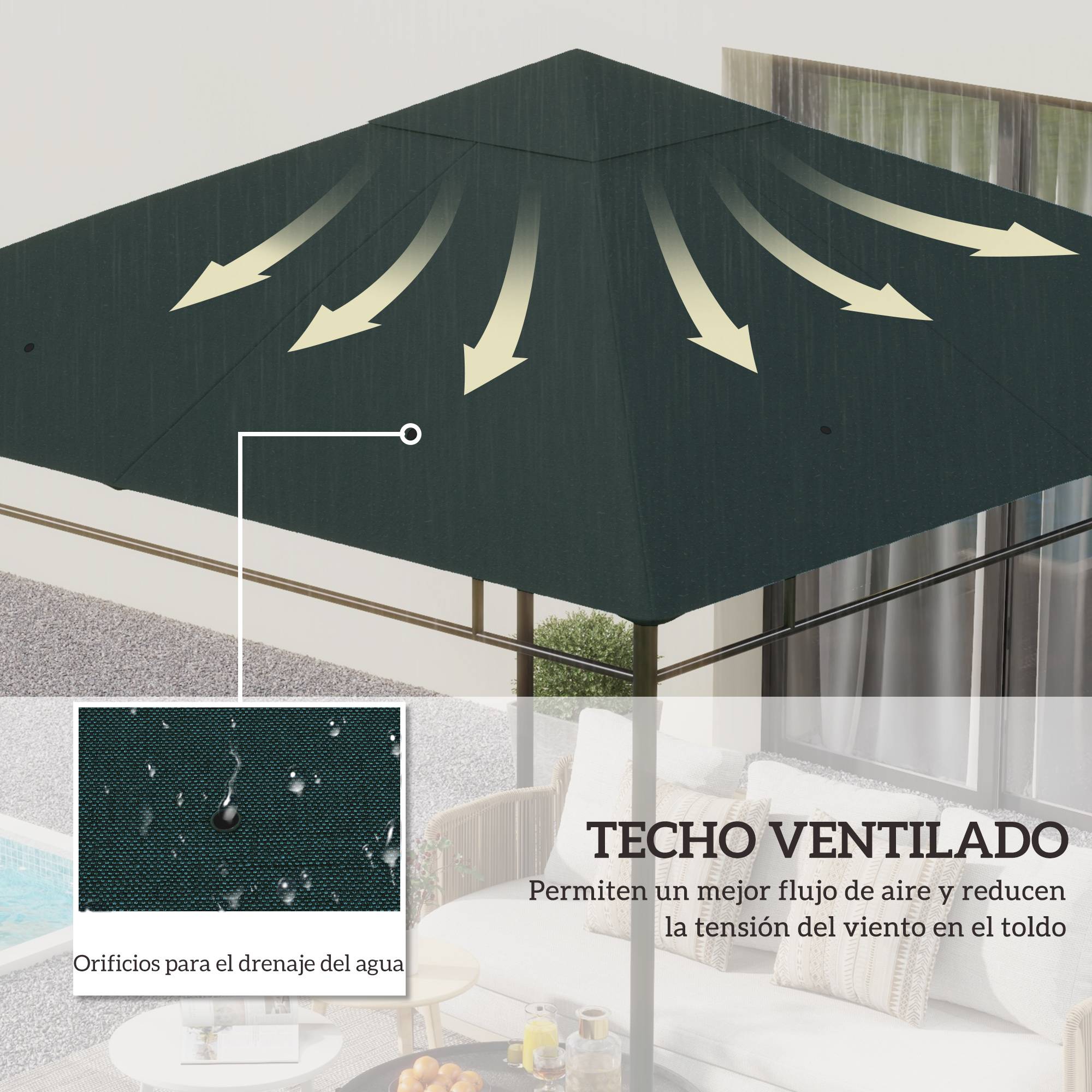 ComfortXL - Toile De Rechange Polyester Tonnelle Jardin Toit Cheminée Aération 3x3m Gris - ComfortXL Outdoor Living - Image 6