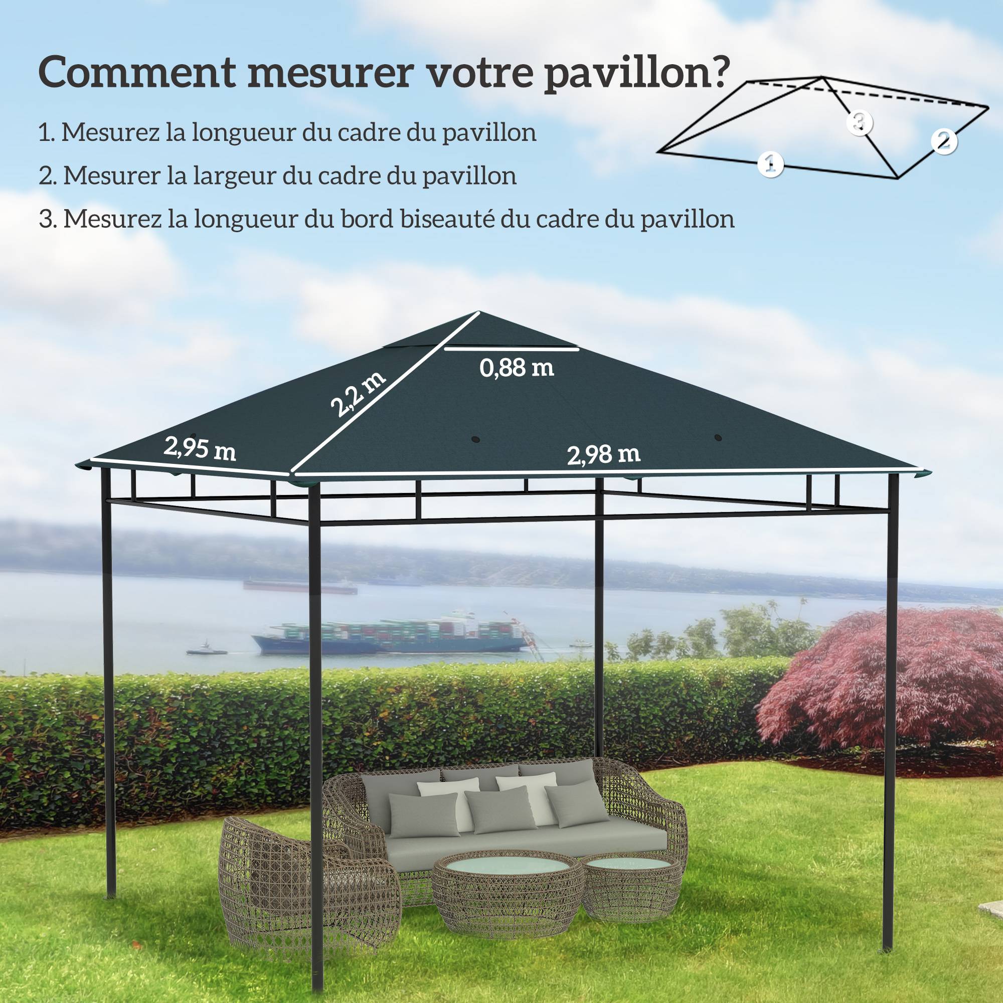 ComfortXL - Toile De Rechange Polyester Tonnelle Jardin Toit Cheminée Aération 3x3m Gris - ComfortXL Outdoor Living - Image 5